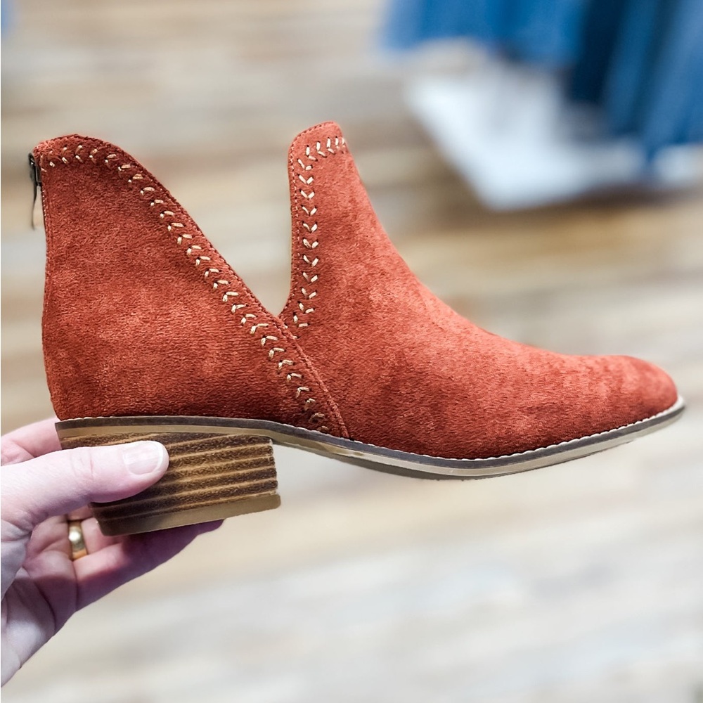 Corkys Bluffin Low Heeled Ankle Boot in Rust Faux Suede